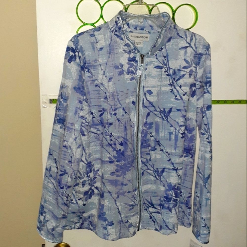 Sag Harbor zipper front fleece cotton blend jacket large l periwinkle blue top